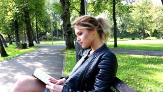 Enjoying a good book in the park, and feeling the slight breeze caress her bare legs, Linda Z is captivated by titillating thoughts. She begins to fantasize about being bound in a remote location. She closes her eyes on the park bench, and images how the rope will feel against her flesh. As she works at the expertly tied knots at her wrists, we see her shapely, stocking-clad legs bound together at the ankles. Finally releasing her hands, her touch idly skims over her black lace bra. Emboldened, she removes it and reveals her perfectly formed nipples that have hardened as she worked at the binding ropes. Soon her other hand is gliding over the outside of her black panties, before pulling them to the side to expose her needy pussy. Head back in pleasure, she massages her clit, then aching with desire, she unbinds her legs so that she may remove her panties and spread her thighs wide. The frantic ministrations of her hand are perfectly framed by the top of her black thigh highs. Linda uses the rope to bring herself to a powerful climax as her fantasy fades.
